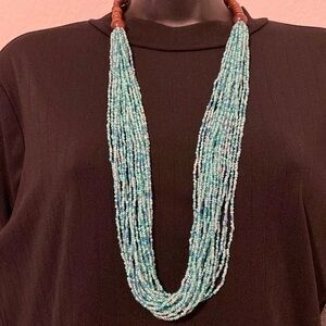 Long Necklace wood / glass teal beads